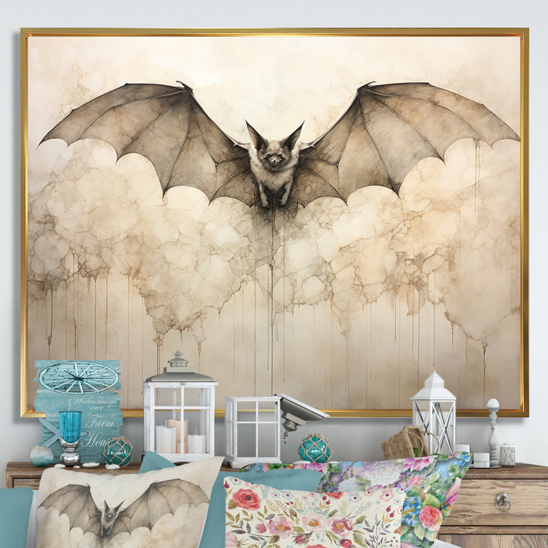 Ailes ouvertes de chauve-souris beiges sur toile, Cadre flottant doré, H 16 po x l 32 po x P 1 po