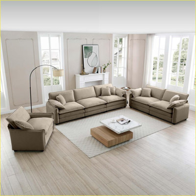 Canapé modulaire 3 pièces à siège profond rétro-moderne pour le salon, la chambre, le cinéma et la maison | Velours côtelé brun clair