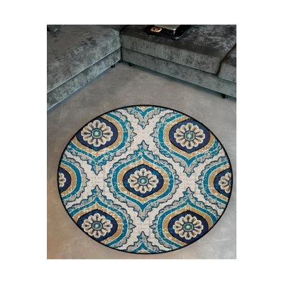 Blue Gray Tone Traditional Patterned Round Woven Base Vintage Decorative Carpet