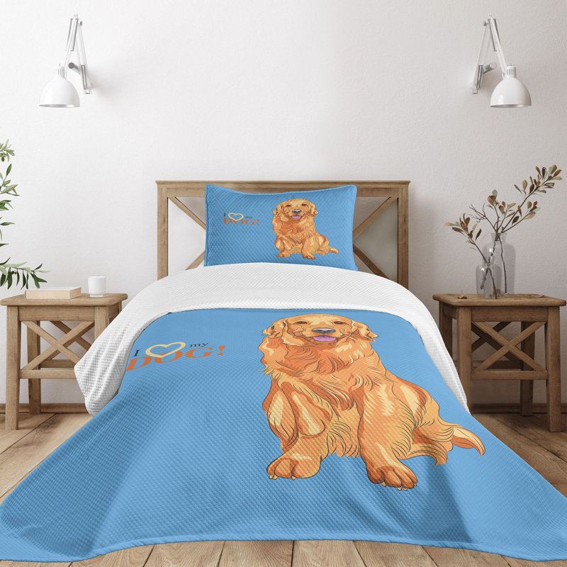 Ambesonne Ambesonne Golden Retriever Bedspread Set I Love My Dog Blue and Orange