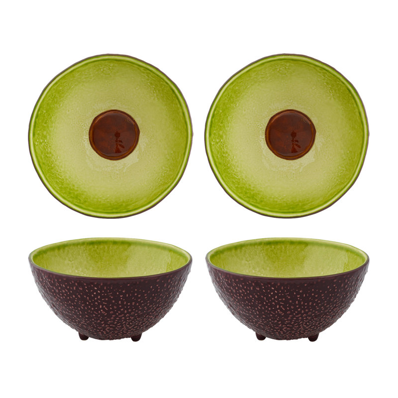 Set of 4 Green and Brown Ceramic Avocado Dessert Bowls