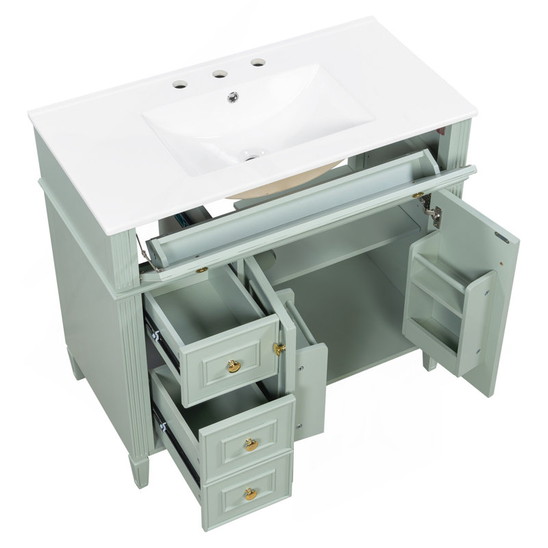 Meuble-lavabo de 36 po avec lavabo, armoire en bois massif vert avec tiroir rabattable, 3 tiroirs et 2 portes à fermeture en douceur, poignées dorées et design moderne