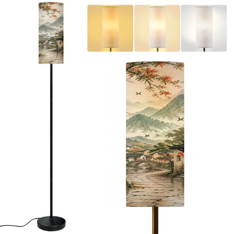  68.5" Standing Floor Lamp Serene Autumn Village Landscape Mountain Views Traditional Chinese Dimmable Metal Pole Lamp with Linen Lampshade LED Bulb Included