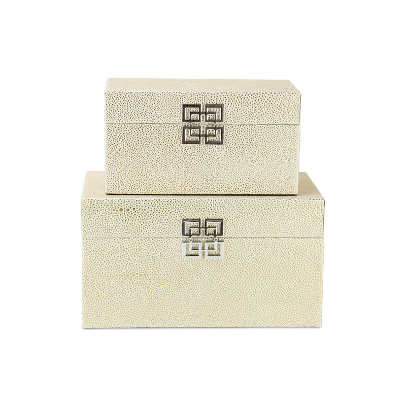 Genni 2 Piece Faux Leather Decorative Box Set, White Gold
