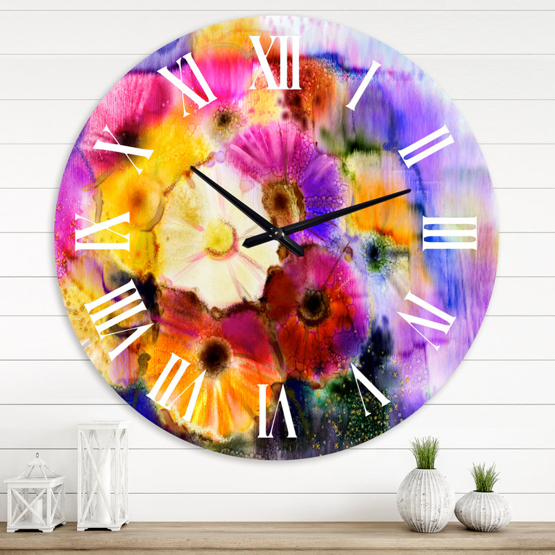 Marguerite dans un bouquet de fleurs peintes à la main - horloge murale traditionnelle, Grand