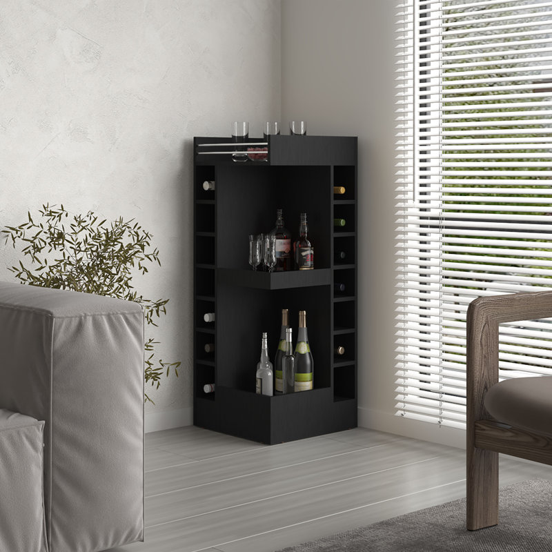 Lyman 46" Tall 3-Tier Corner Bar Cabinet with Fourteen Wine Bottle Cubbies, Living Room, Liquor Cabinet, Storage Cabinet 