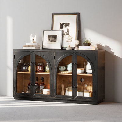 4-Door Large Storage Sideboard Buffet Cabinet With Glass Doors, Arched Cabinet With Adjustable Shelves For Kitchen