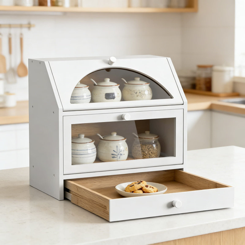 Extra Large Bamboo Bread Box For Kitchen Countertop With Double Layer Storage And Pull-Out Drawer, Transparent Door Bread Bin Organizer