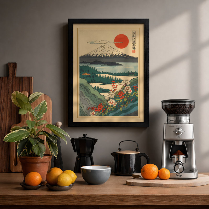 Mount Fuji at Sunrise Japandi - Framed Print, Black, A4 - 29.7 x 21.0 cm