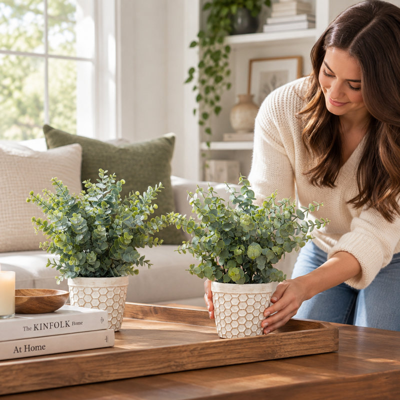Ensemble de 2 plantes d'eucalyptus artificiel, verdure haute de 13 pouces dans un pot robuste pour une présentation sur table
