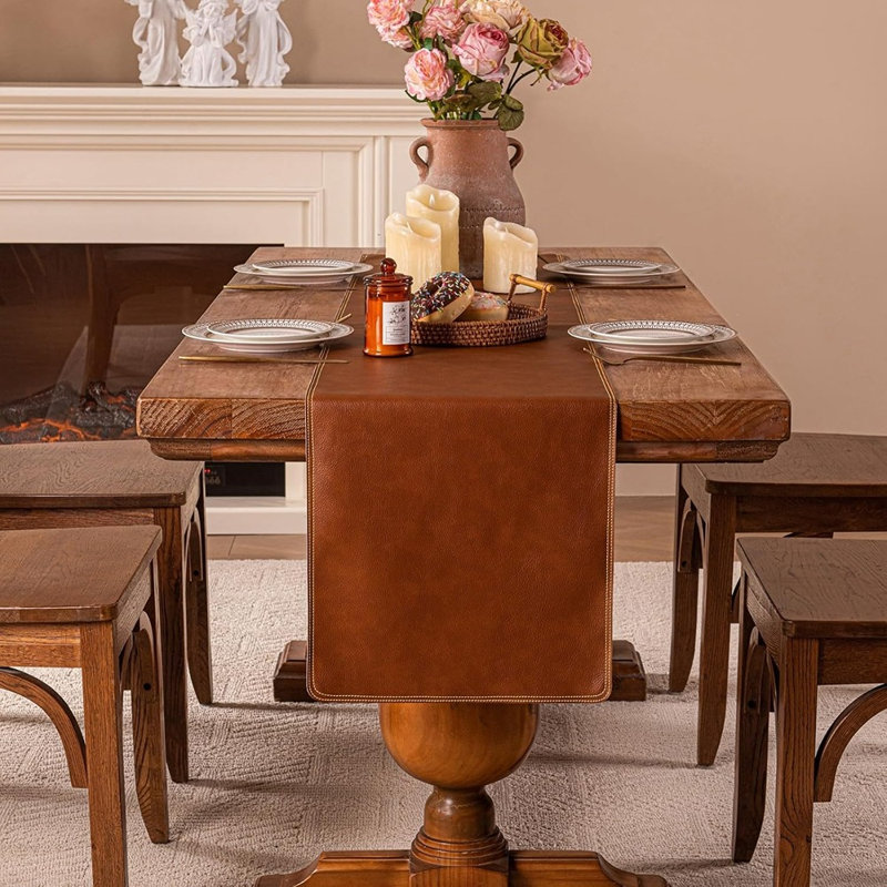 Chemin de table - Brun - Chemin de table long en cuir imperméable rétro, pour la table à manger, le salon et le décor du lit