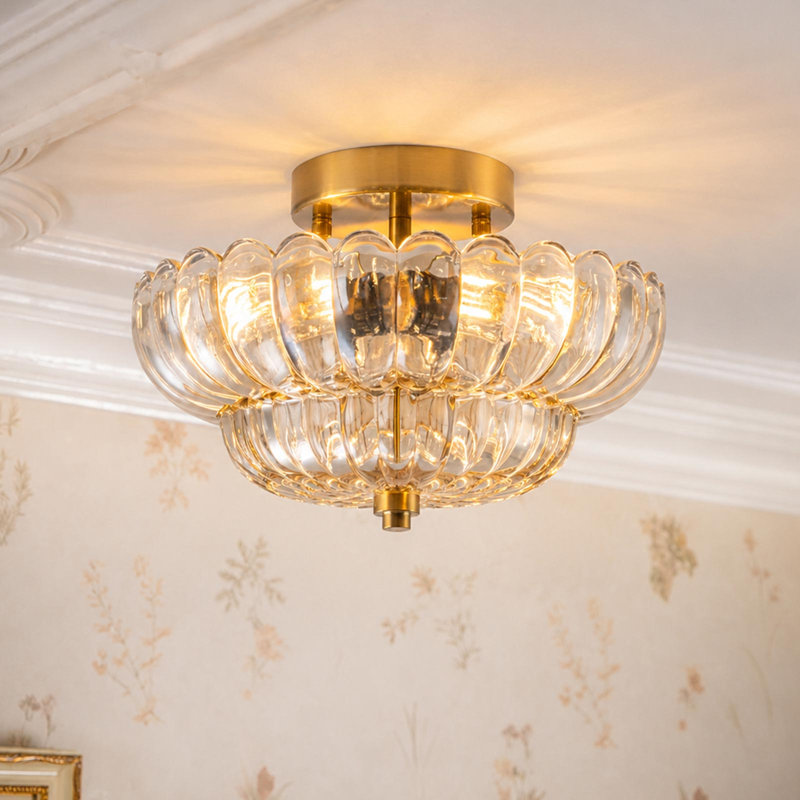  3-Light Glass Flush Mount Ceiling Light, Gold, Brown