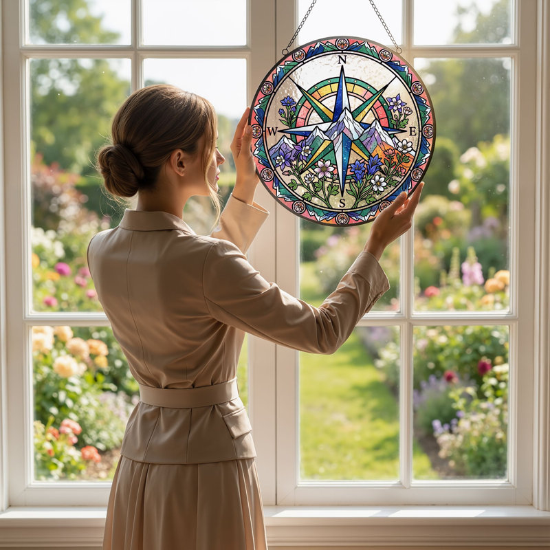 Compass Rose Stained Glass Window Panel，12"H, 12"H