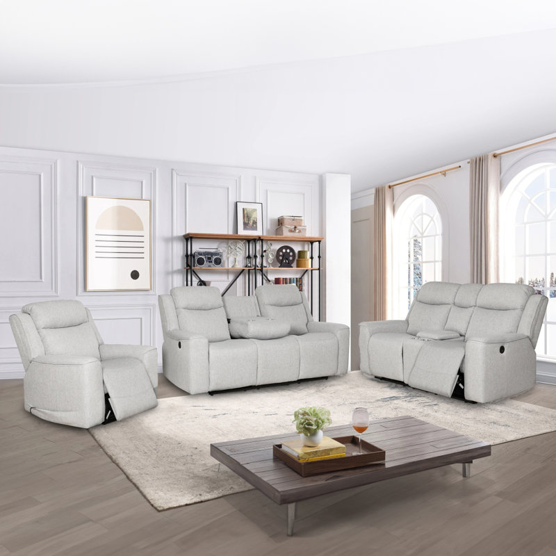 Ensemble de salon contemporain rembourré 3 pièces avec fauteuil inclinable, canapé à console rabattable et causeuse avec console de rangement et porte-gobelets, blanc