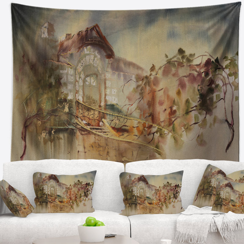 Tapisserie aquarelle abstraite, vieux bâtiment, H 32 po x l 39 po