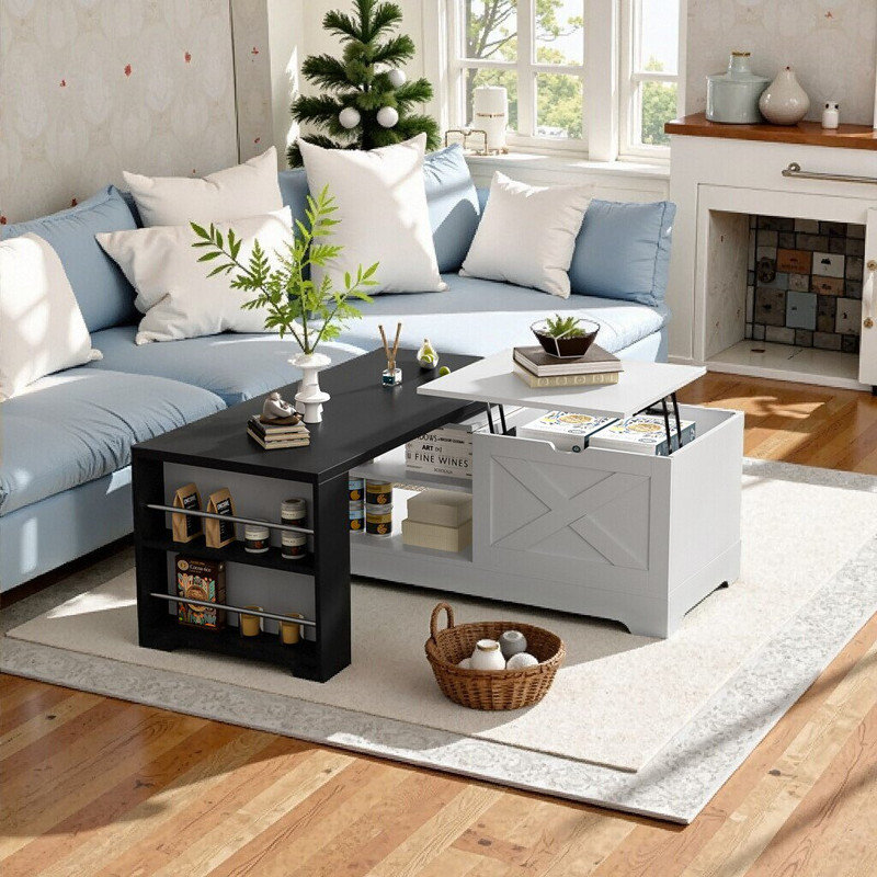 Table basse à plateau relevable avec portes de grange pivotantes Vesto, Blanc et noir