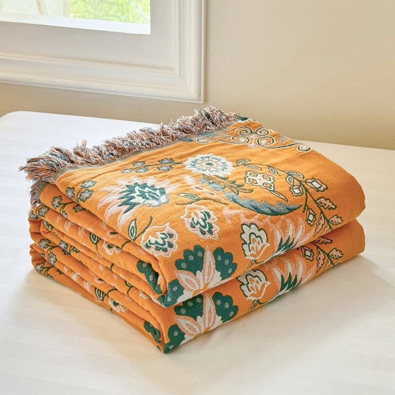 Couverture en coton - pompons jacquard teints en fil, Lit simple