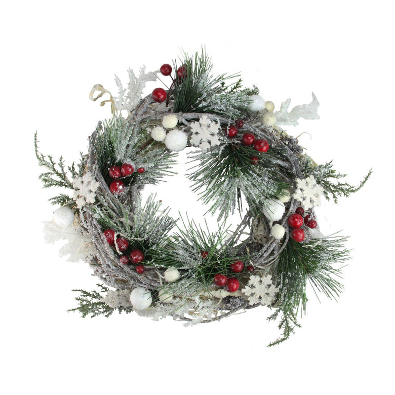 Mini couronne de Noël givrée en forme de pin givré avec baies et étoiles de 10 pouces