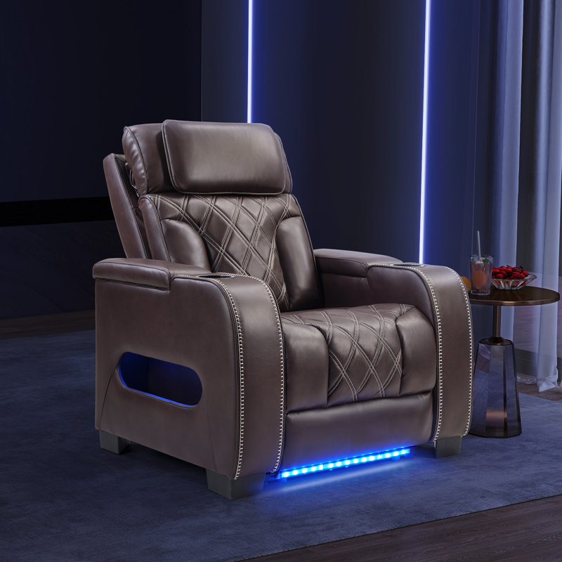 37.4" Wide Modern Top Leather Dual Motor Power Recliner With Adjustable Headrest & Ambient Arm Lighting, Brown