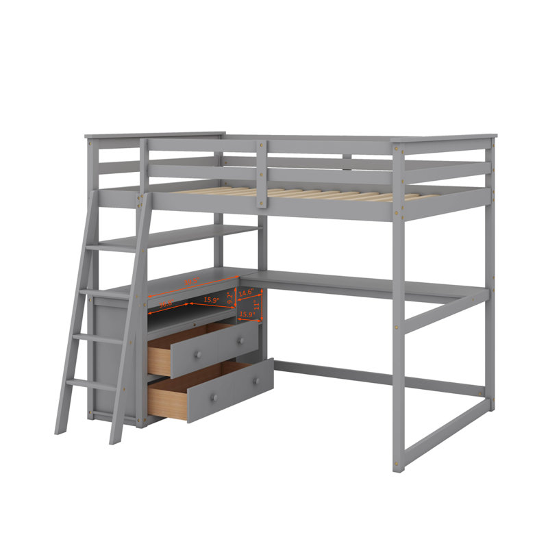 Lit mezzanine double avec bureau, tablettes et 2 tiroirs, gris