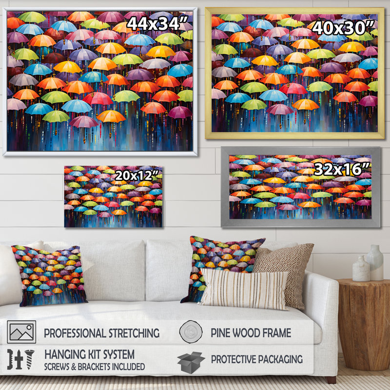 Ciel plein de parapluies colorés - décoration murale ciel, Cadre doré simple, H 12 po x l 20 po x P 1 po