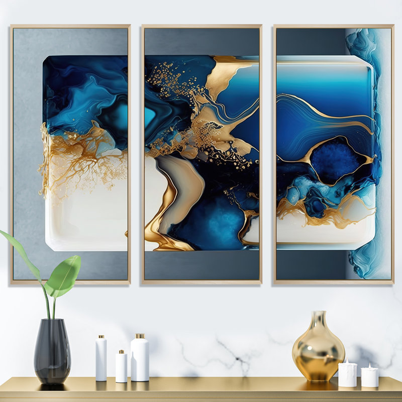 Géode abstraite, or et marbre bleu III, reproduction sur toile 3 pièces, Cadre flottant brun, H 32 po x l 48 po x P 1 po