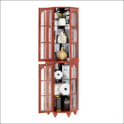 Corner Curio Cabinet With 4 Adjustable Tempered Glass Shelves And Lighting System, Solid Wood Legs, Acrylic Mirrored Back Panel