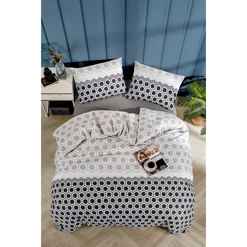 Stylish Single Quilt Cover Set, Black & White & Grey, Queen Size 53.1 x 78.7 | 65% Cotton / 35% Polyester, 120 Thread Count | Machine Washable, Pigment Printing, Button Closure for Duvet & Envelope Pillowcase