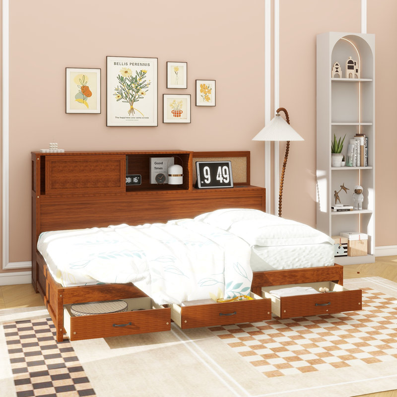 Lit de jour en bois avec 3 tiroirs de rangement, tableau souple supérieur, tablette et ensemble de prises et ports USB, Noyer