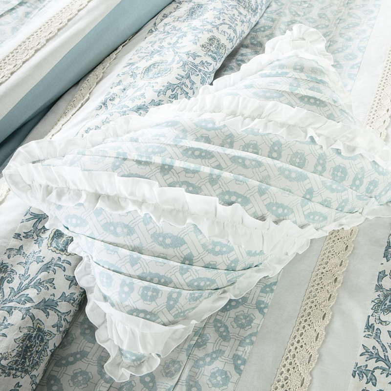 King 9 Cotton Bedding - Cottage Chic Style With Printed Textiles And Flange 9 Piece Duvet Cover For , Elegant Shabby 3 Decorative Pillows