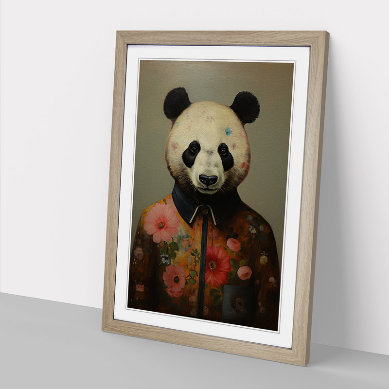 Panda Modern - Single Picture Frame Print on Wood, 34cm H x 25cm W, Oak Framed