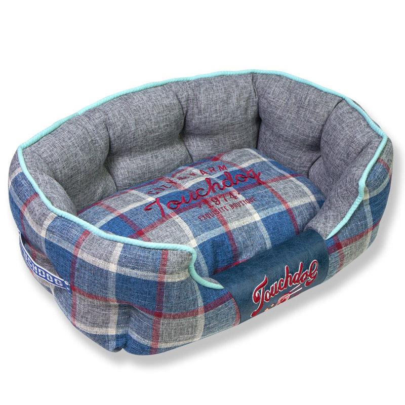 Touchdog 'Archi-Checked' Designer Plaid Oval Dog Bed, Large (31" W x 24" D x 7.1" H), Blue