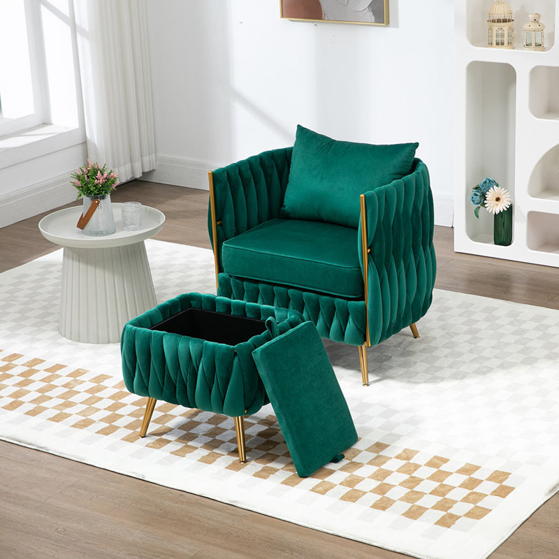 Misheel Velvet Barrel Chair with Ottoman, Emerald Velvet