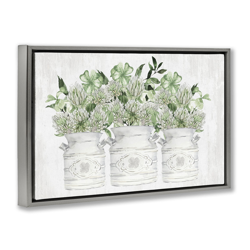 Toile flottante encadrée par des trèfles printaniers, Cadre flottant gris lustré, H 17 po x l 25 po