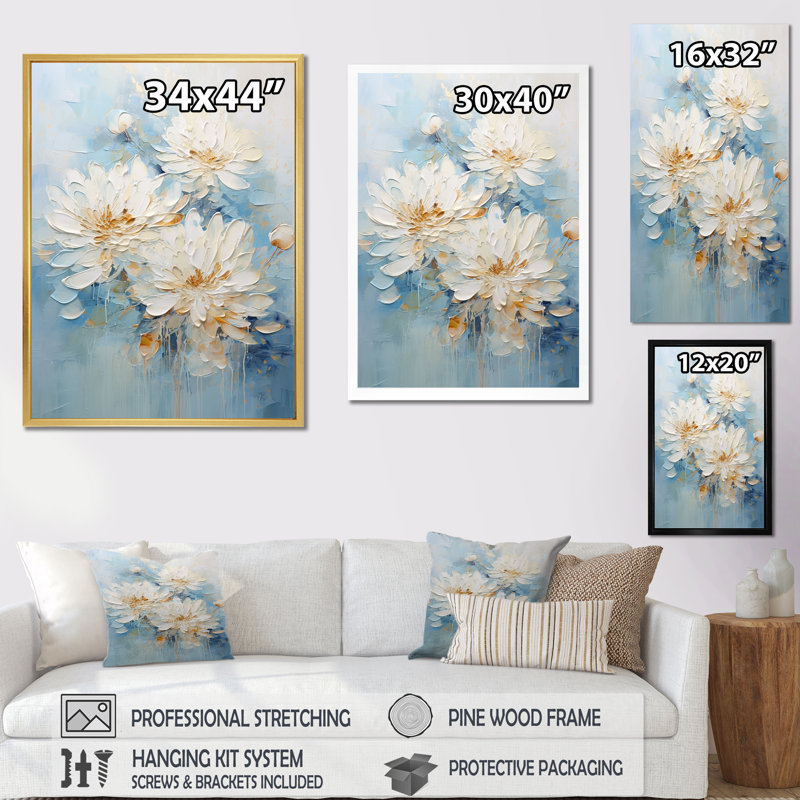 Chrysanthèmes blancs et bleus I - impression, H 32 po x l 16 po x P 1 po, Cadre flottant blanc