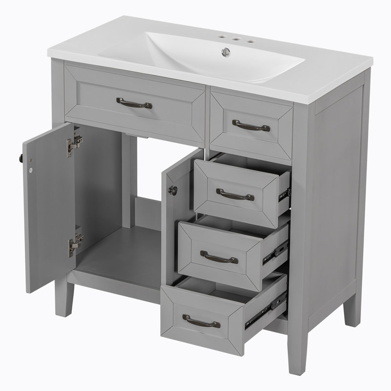 Raquez 35.98 " W Free Standing Wall Mounted Single Double Single Vanity Bathroom Vanity With Ceramic Top, Gray