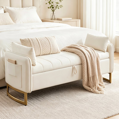 Lunara 66"W Upholstered Velvet Modern Bedroom Storage Bench End of Bed with Gold Legs,Arm Pocket and 2 Pillows