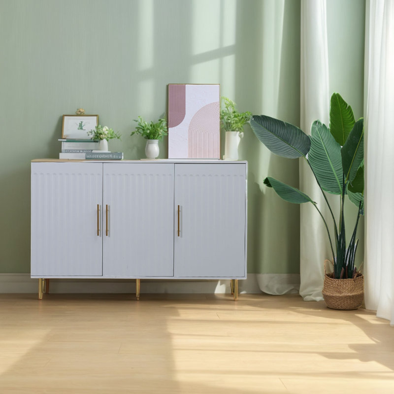 White 55" Sideboard with Gold Handles and Three Doors