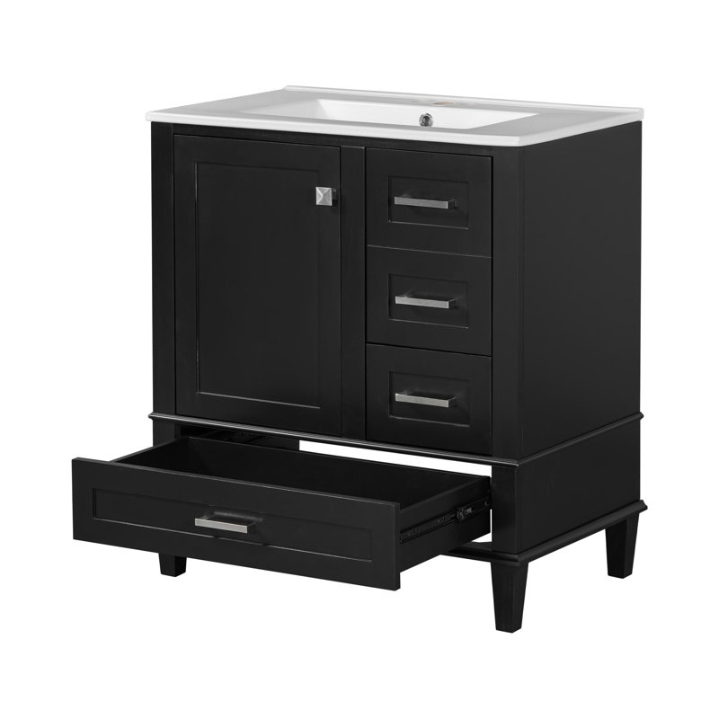 Meuble-lavabo avec rangement, 30", Noir, Argent argent