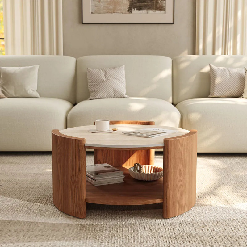 Table basse ronde en pierre frittée avec tablette de rangement, Brun, H 15 po x l 32 po x L 32 po, Beige clair