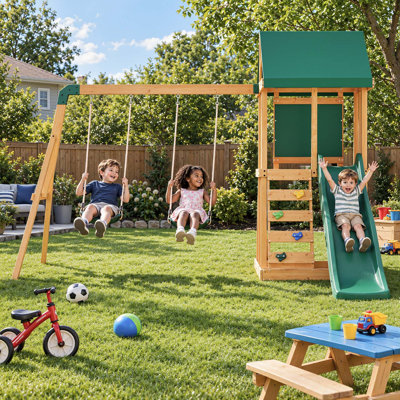 Wooden Swing Set with Wave Slide & Canopy, Cedar Backyard Playset with 2 Belt Swings and Rock Climbing Wall for Kids