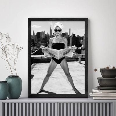 Black Framed Vintage Smoking, reading newspapers, bikini girl Wall Art Retro Style Framed Prints