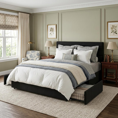 Structure de lit double pleine grandeur avec 4 tiroirs, cadre de lit en velours avec tête de lit, support à lattes de bois, aucun sommier requis, assemblage facile, beige