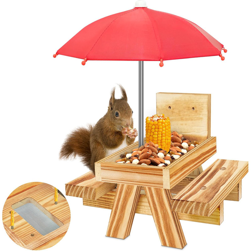 Mangeoire d'écureuil en bois carbonisé avec parapluie