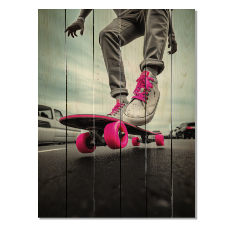 Rêves de planche à roulettes roses - imprimé sportif sur bois de pin naturel, H 20 po x l 10 po x P 0,78 po