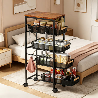 5-Tier Slim Rolling Storage Cart with Pull-Out Baskets and Wooden Top, Narrow Space Utility Organizer Cart for Kitchen, Bathroom, and Laundry Room