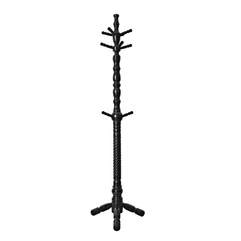 11-Hooks Freestanding Solid Wood Coat Rack, Black