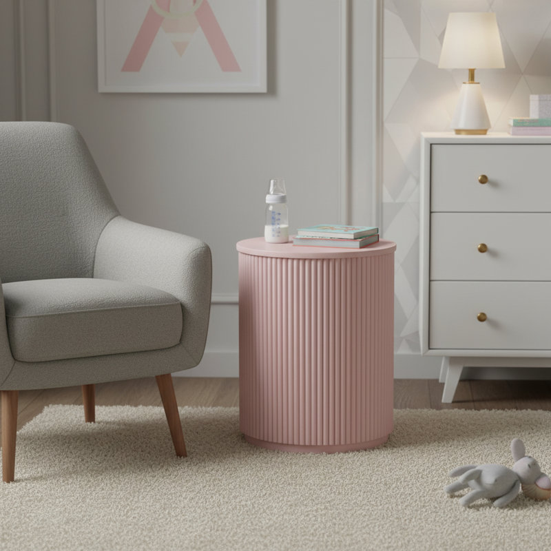 Round Pink Solid Wood Accent_End Table, Pink