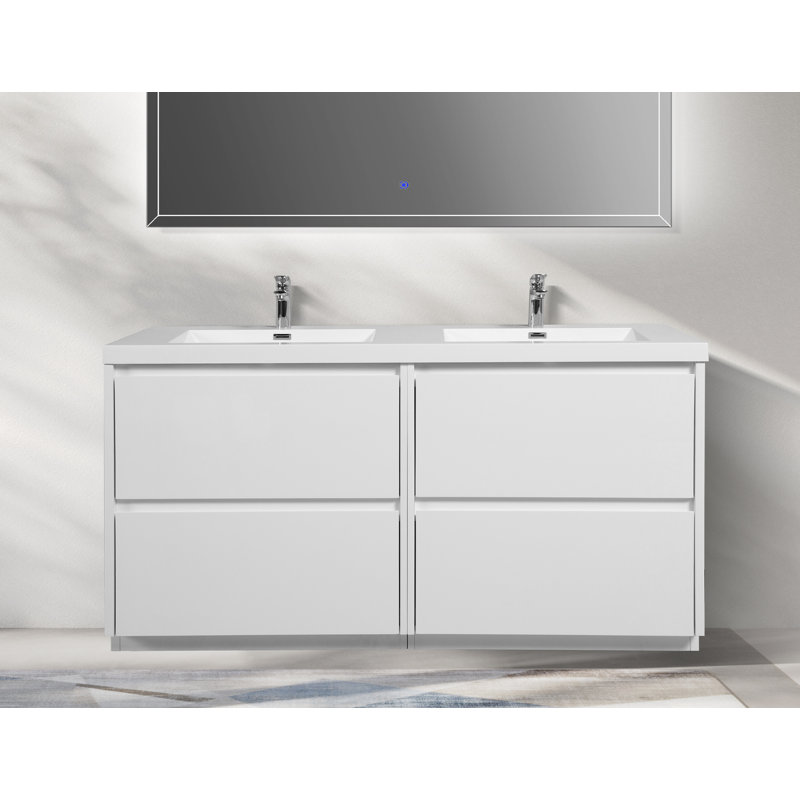 Meuble-lavabo double autoportant 72 po avec plateau en résine 72 po, Blanc