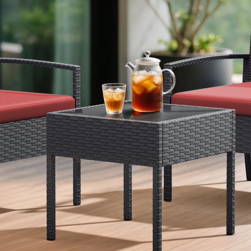 Ensemble de bistro en rotin PE de 3 pièces 16,5 po Table en verre trempé Capacité de 250 lb Chaises, coussins amovibles et tapis antidérapants